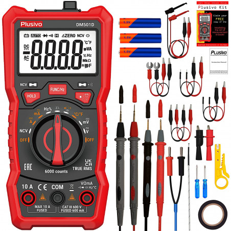 6000 Counts Digital Multimeter Auto Ranging TRMS AC DC Voltmeter Ohm Volt Amp NCV Diode Tester with Test Leads, Probes