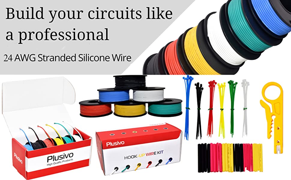 Plusivo 24AWG Hook up Wire Kit - 600V Tinned Stranded Silicone Wire of 6  Different Colors x 9 m (30 ft) each